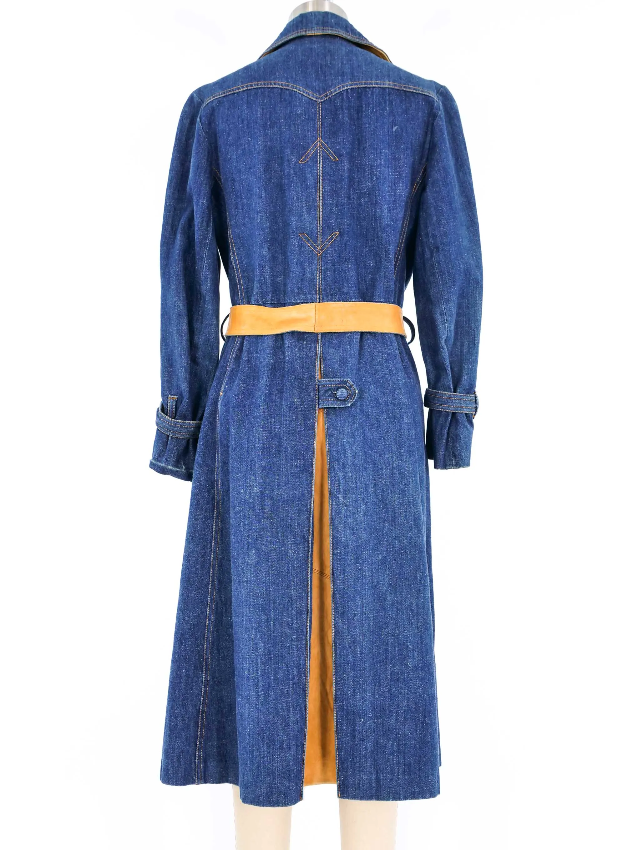 1970s Leather Trimmed Denim Trench Coat