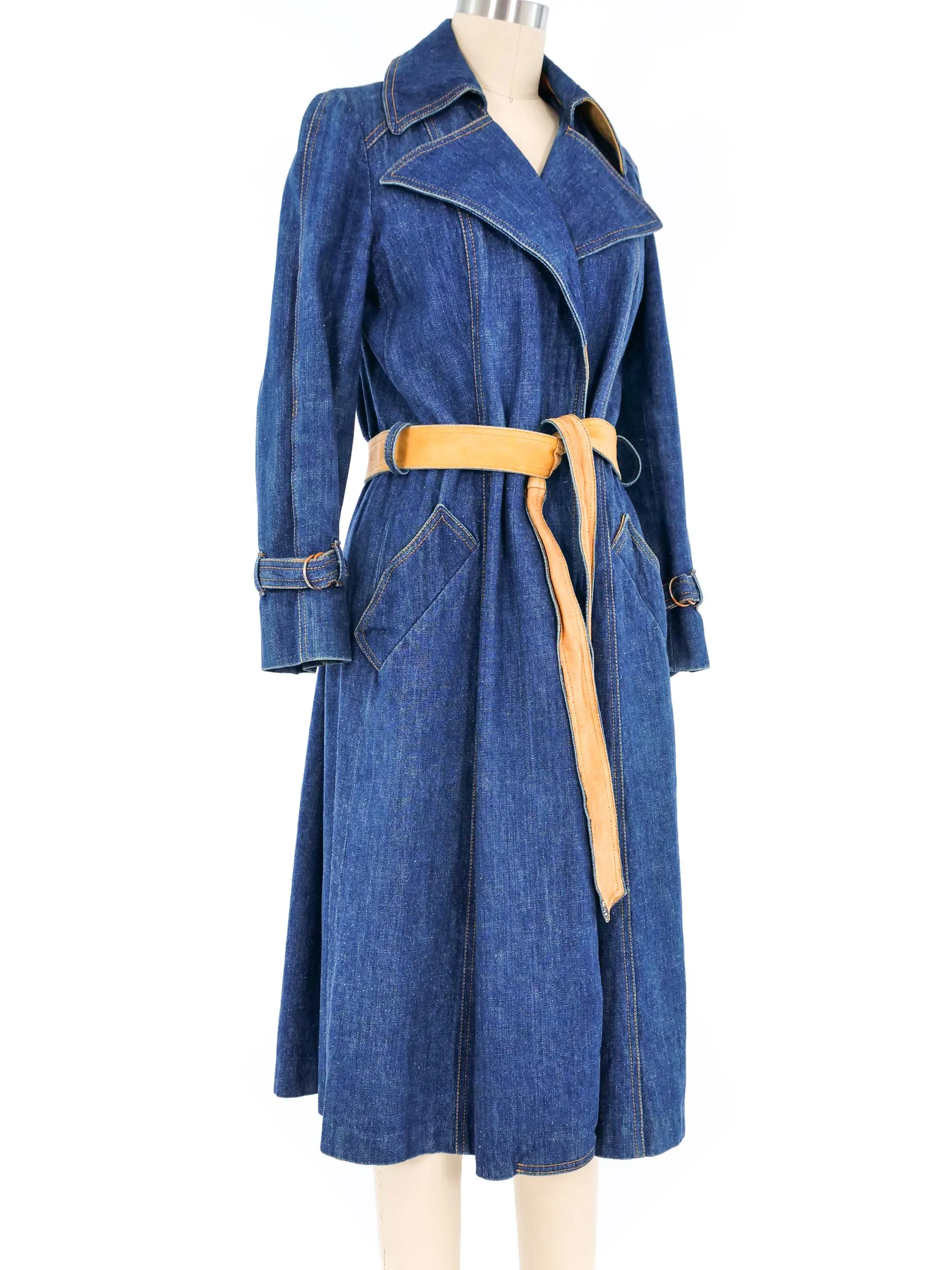 1970s Leather Trimmed Denim Trench Coat