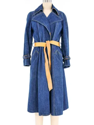 1970s Leather Trimmed Denim Trench Coat