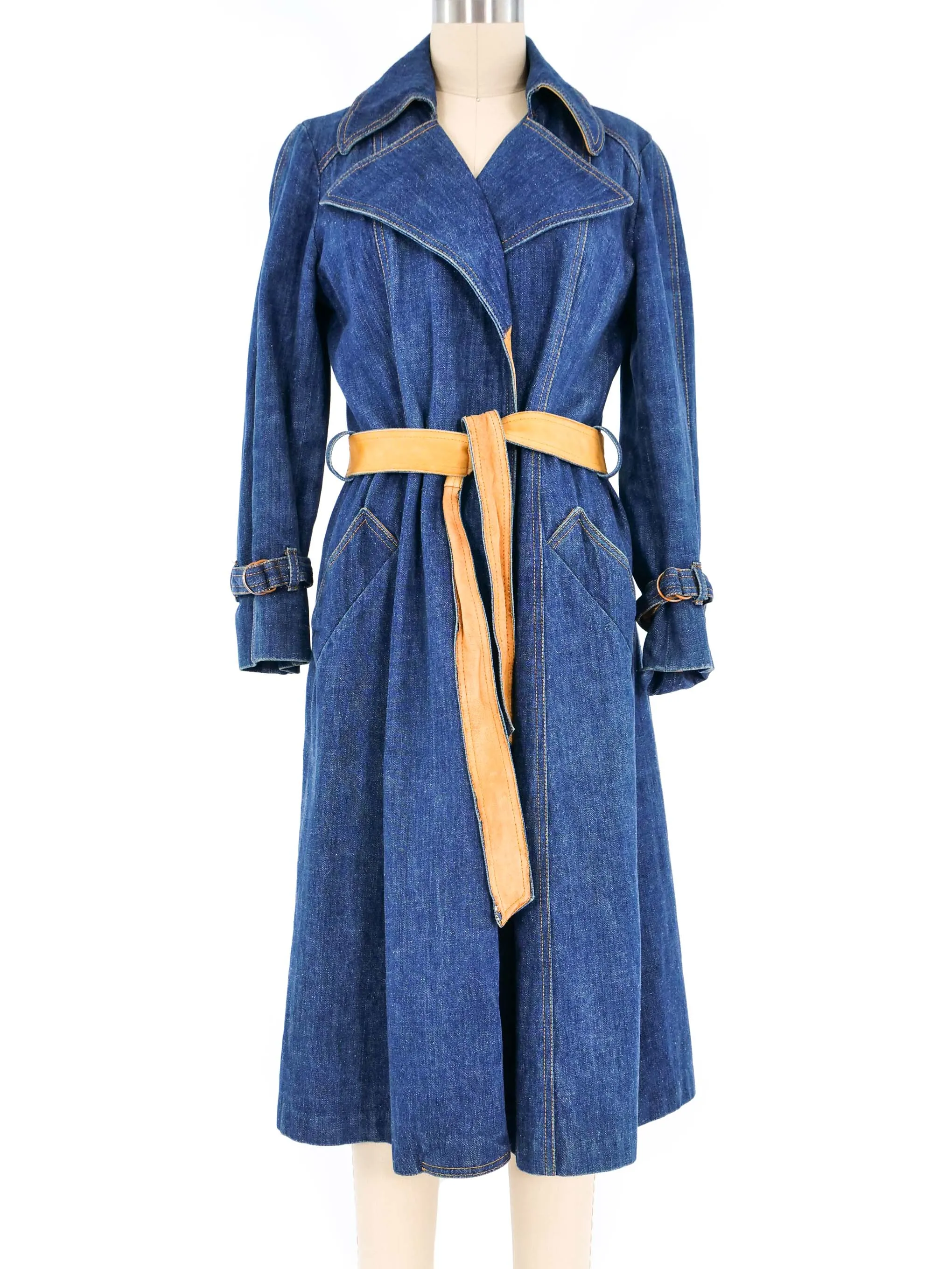 1970s Leather Trimmed Denim Trench Coat
