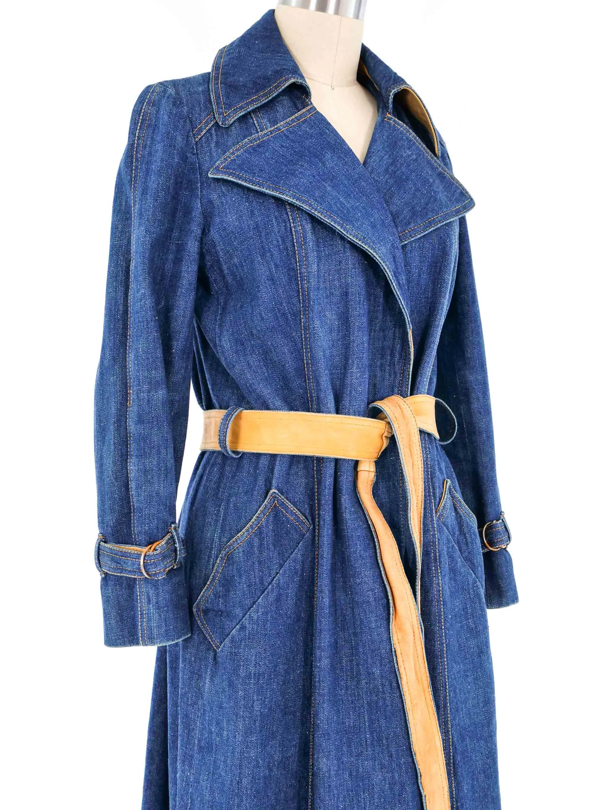 1970s Leather Trimmed Denim Trench Coat