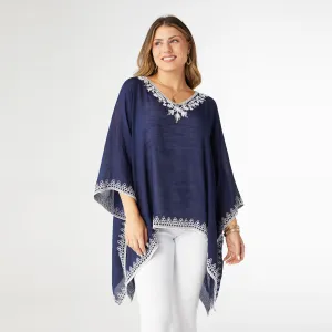 Amaryllis Poncho with Embroidery Trim - Navy