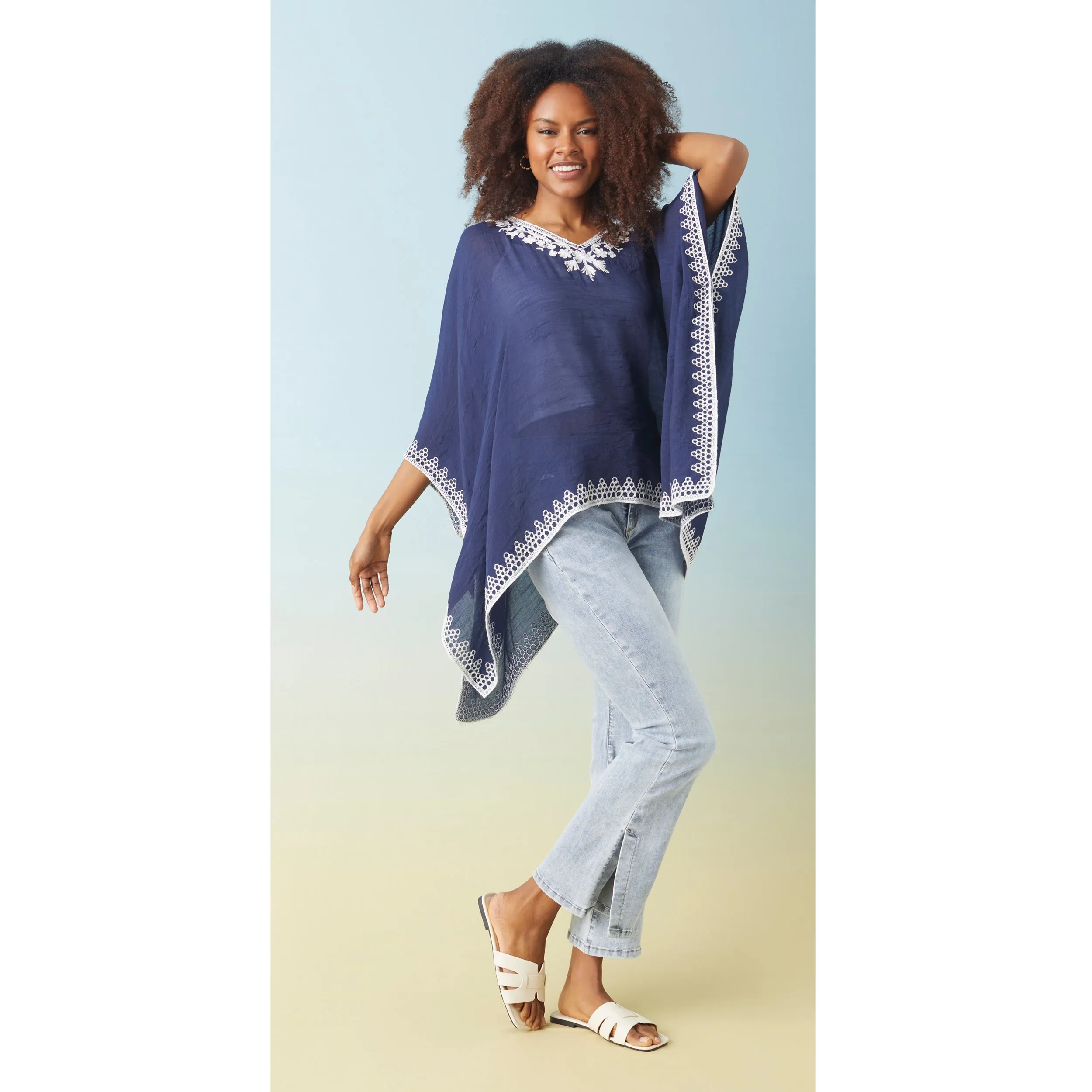 Amaryllis Poncho with Embroidery Trim - Navy