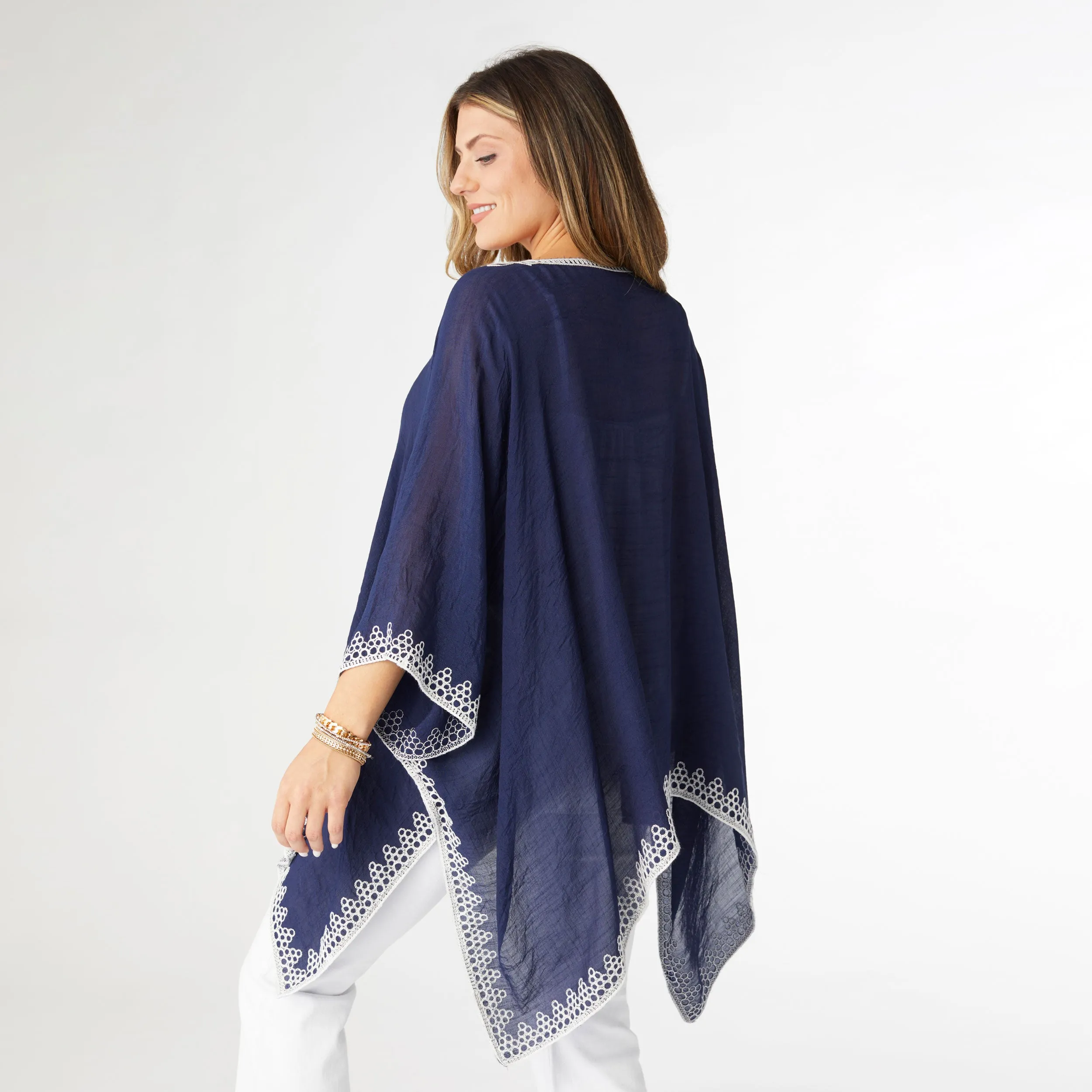 Amaryllis Poncho with Embroidery Trim - Navy