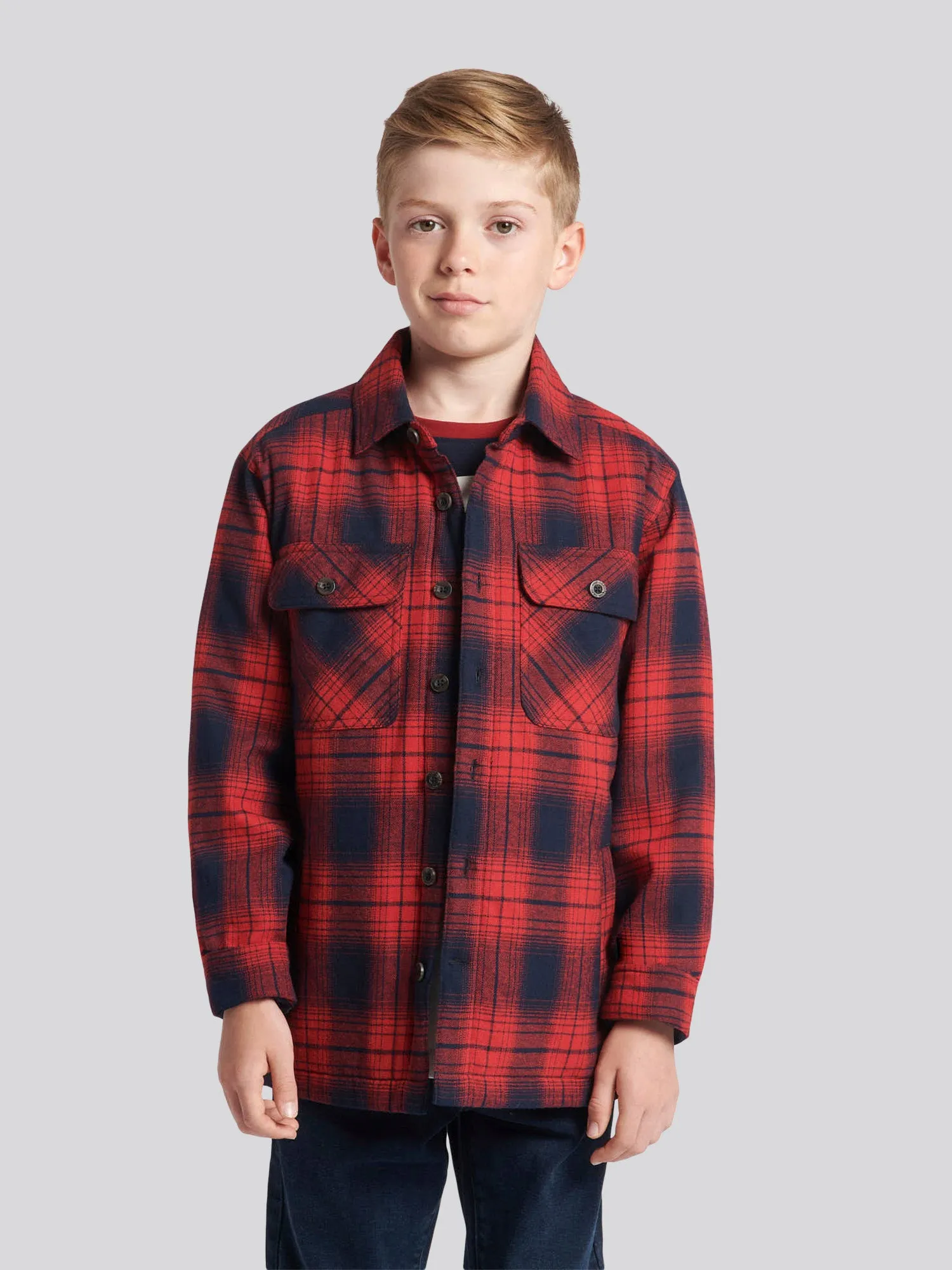 Boys Check Lined Shacket in Haute Red
