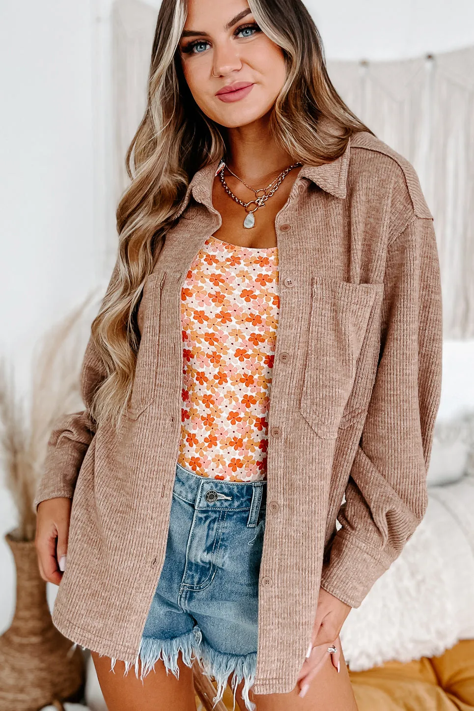 Brilliant Basic Ribbed Fleece Shacket (Mocha)