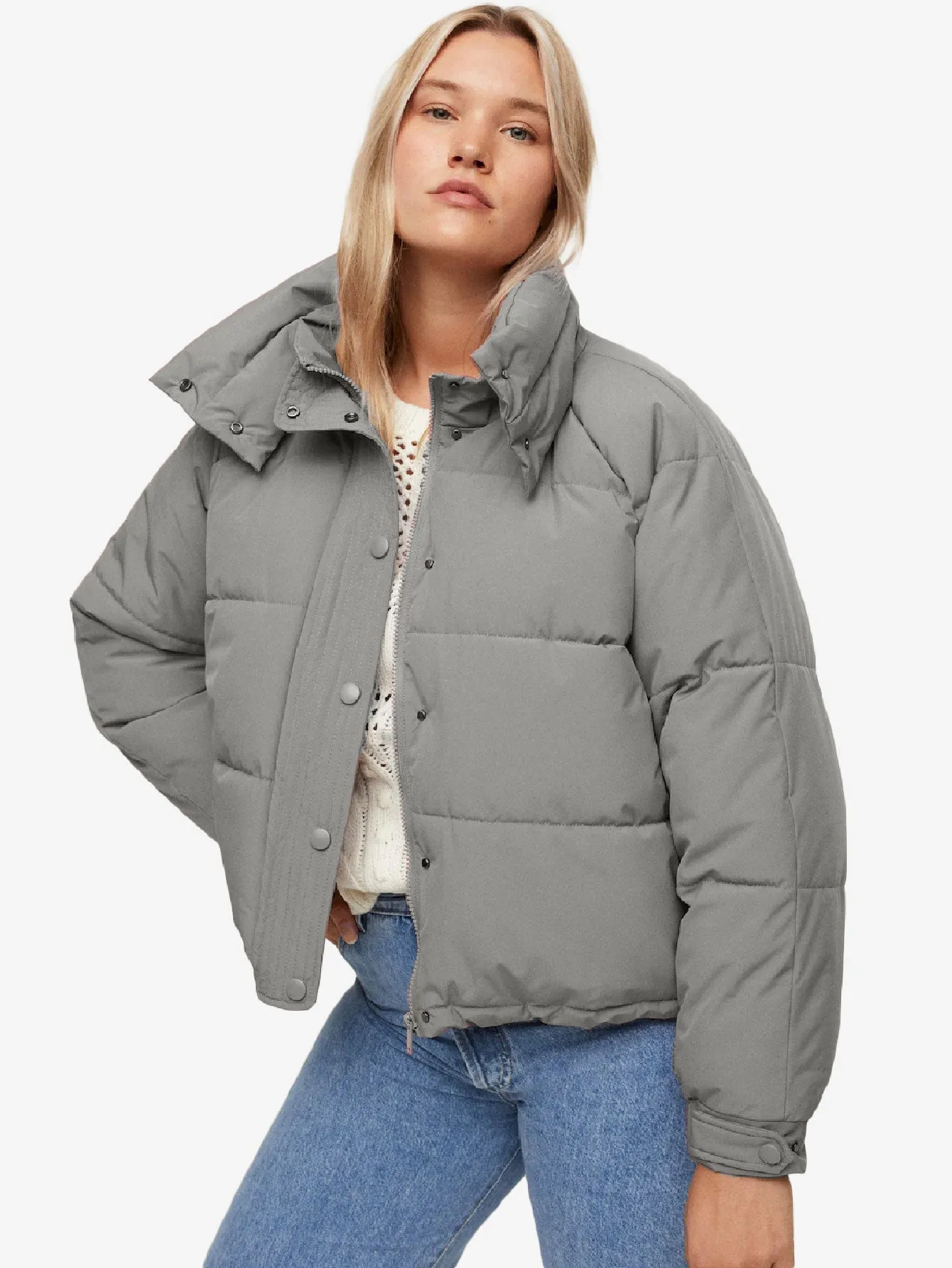 Buttoned Solid Zip Up Quilted Jacket