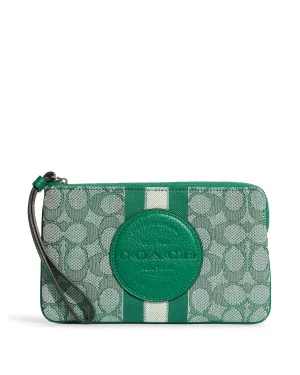 Coach Women's Green Dempsey Large Corner Zip Wristlet In Signature Jacquard With Stripe And Coach Patch