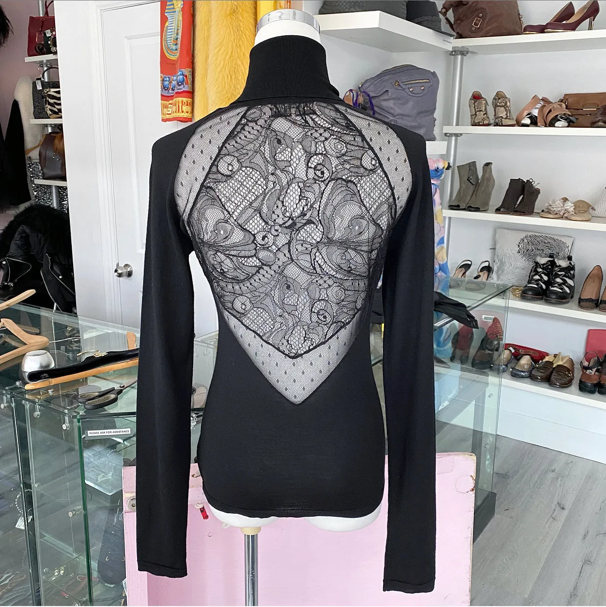 Emilio Pucci Black Wool Lace Inset Turtleneck Sweater - S