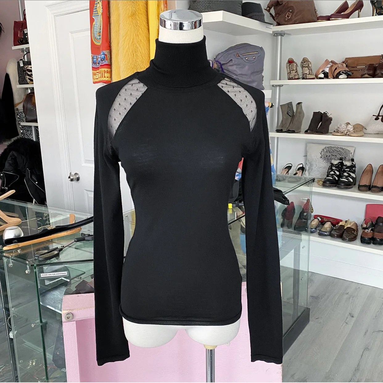 Emilio Pucci Black Wool Lace Inset Turtleneck Sweater - S
