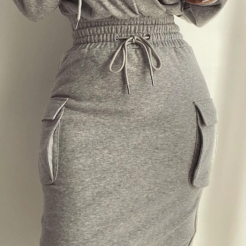 Graduation Gifts  2022 Christmas Autumn Winter Casual Long Sleeve V Neck Lowcut Grey Dress Flap Detail Drawstring Waist Hooded Sweatshirt Dress