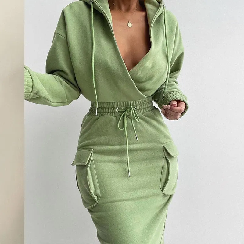 Graduation Gifts  2022 Christmas Autumn Winter Casual Long Sleeve V Neck Lowcut Grey Dress Flap Detail Drawstring Waist Hooded Sweatshirt Dress