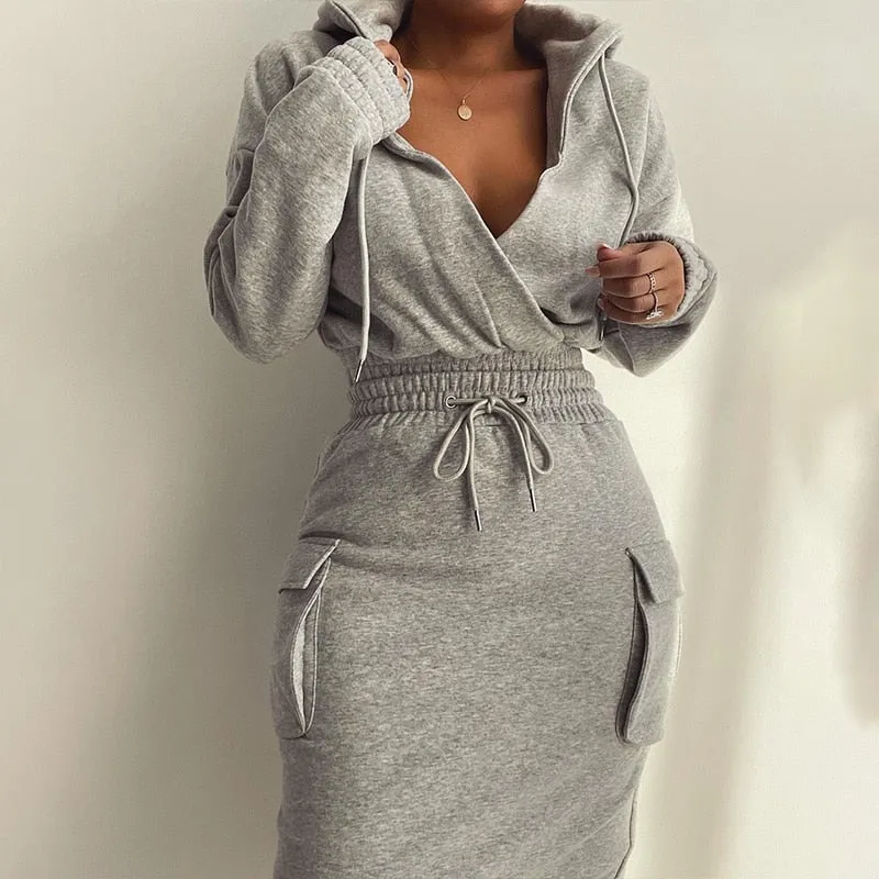 Graduation Gifts  2022 Christmas Autumn Winter Casual Long Sleeve V Neck Lowcut Grey Dress Flap Detail Drawstring Waist Hooded Sweatshirt Dress