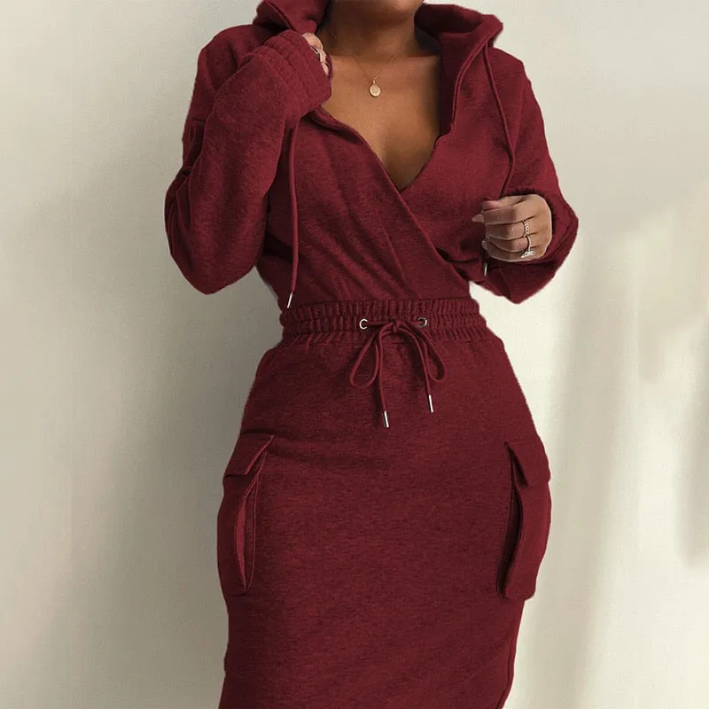 Graduation Gifts  2022 Christmas Autumn Winter Casual Long Sleeve V Neck Lowcut Grey Dress Flap Detail Drawstring Waist Hooded Sweatshirt Dress
