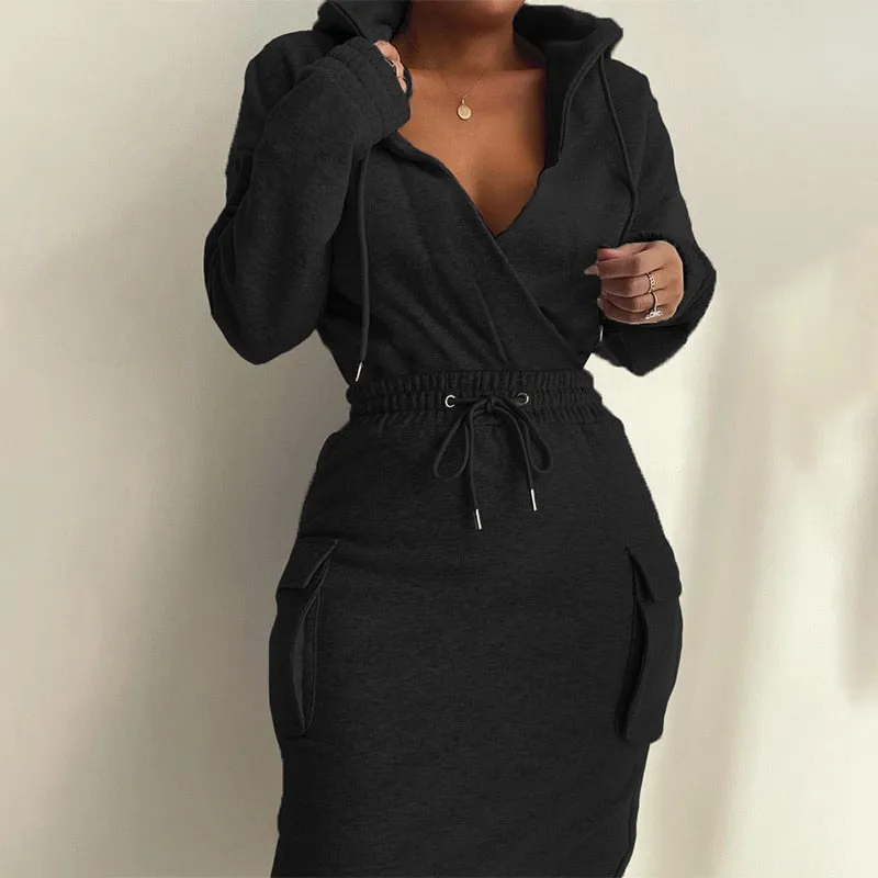 Graduation Gifts  2022 Christmas Autumn Winter Casual Long Sleeve V Neck Lowcut Grey Dress Flap Detail Drawstring Waist Hooded Sweatshirt Dress