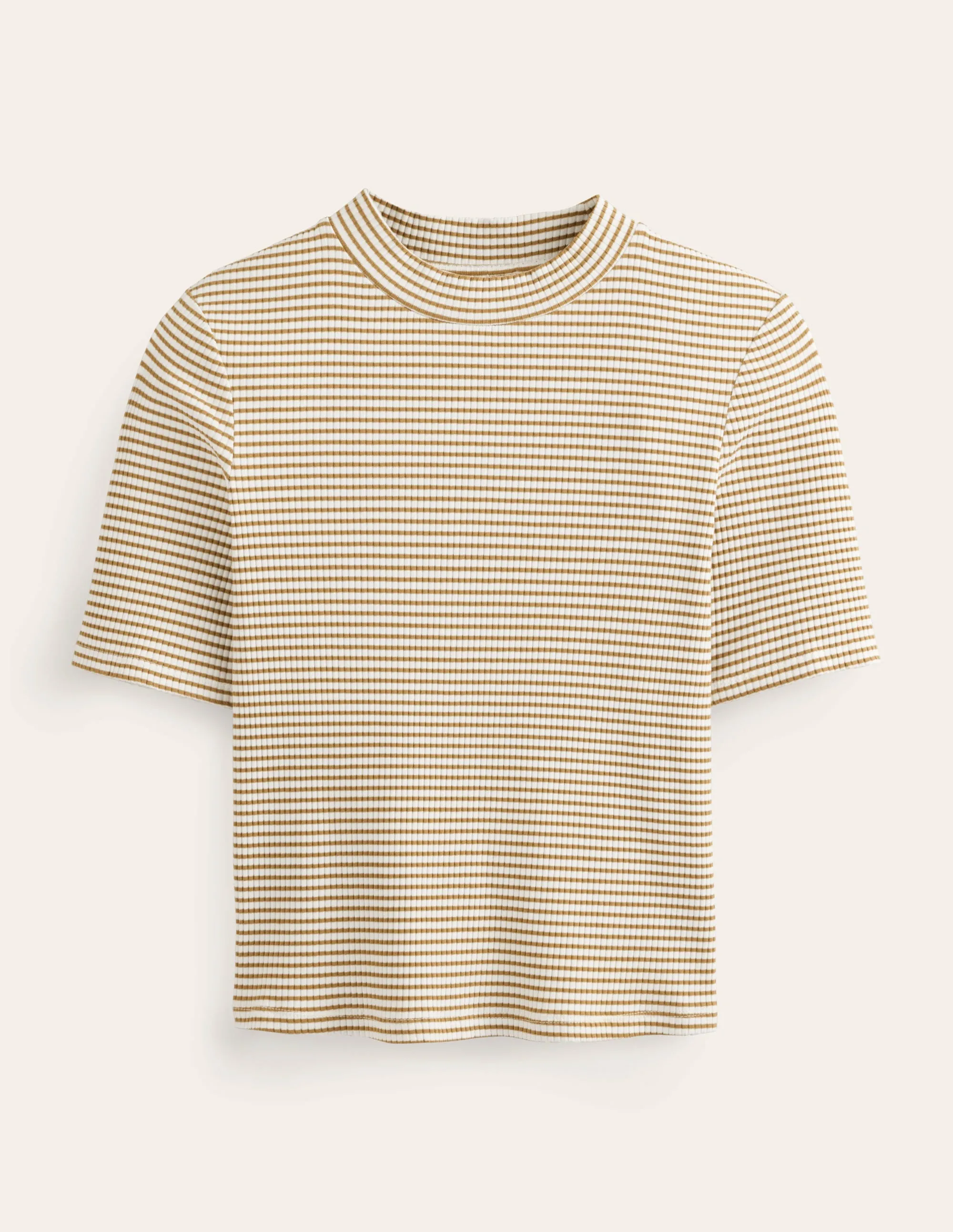 High Neck Ribbed Top-Ivory/Camel Stripe