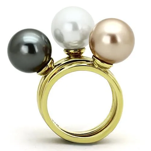 IP Gold(Ion Plating) Stainless Steel Ring with Synthetic Pearl in Multi Color for Women Style TK1370
