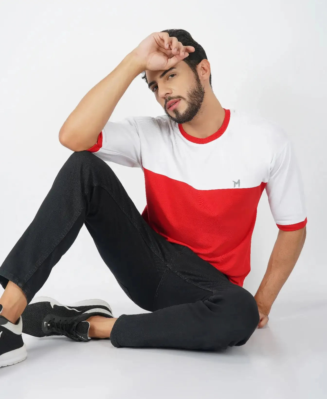 Mebadass Men's ColorBlocked OverSized Cotton T-shirts - White & Red