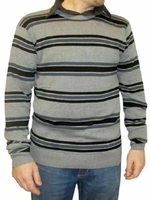 Mens Grey & Black Multi Striped Cotton Rich Knitted Jumper