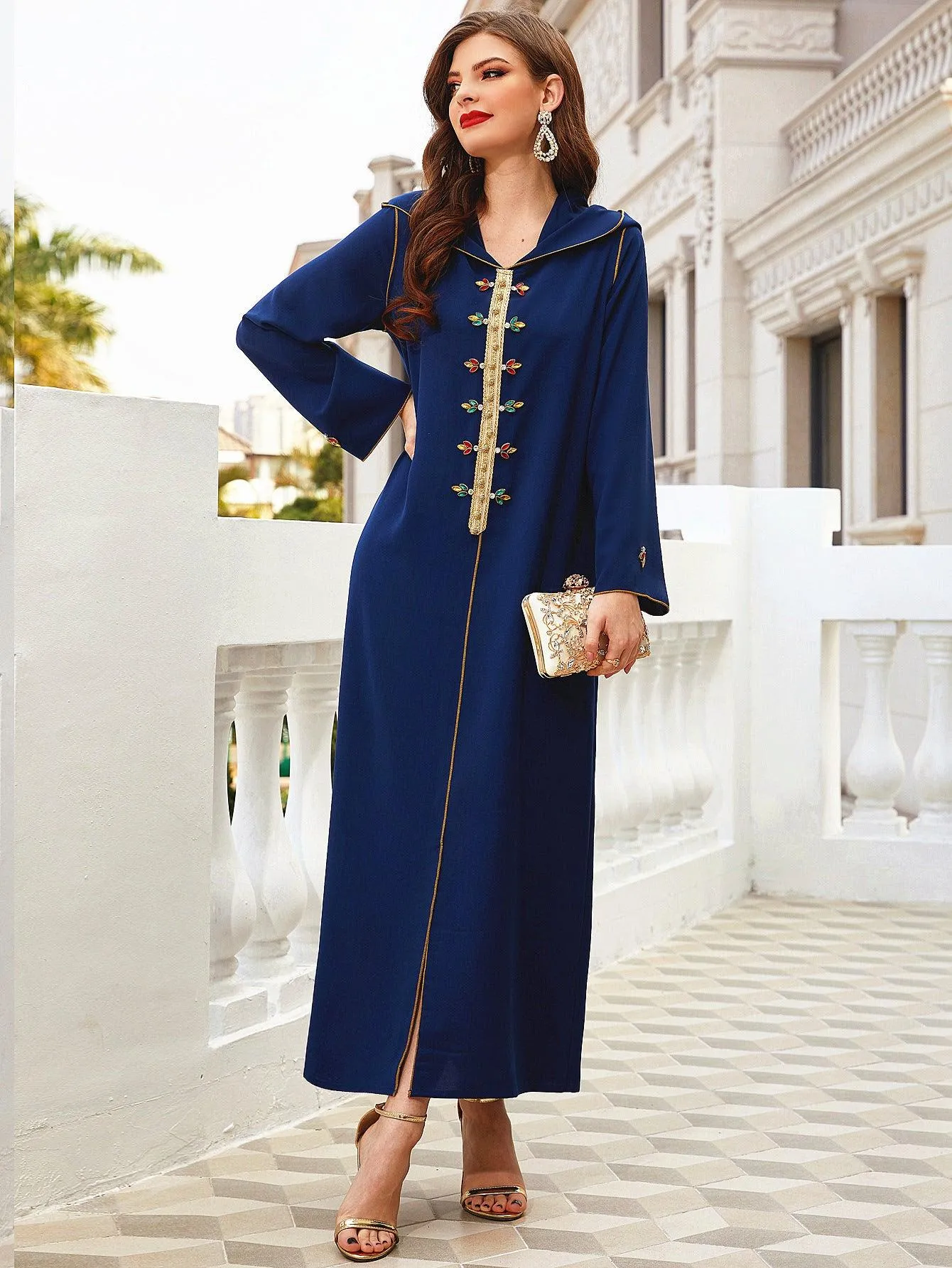 Navy Gold-rimmed Hand-sewn Diamond Hooded Robe ABAYA Muslim