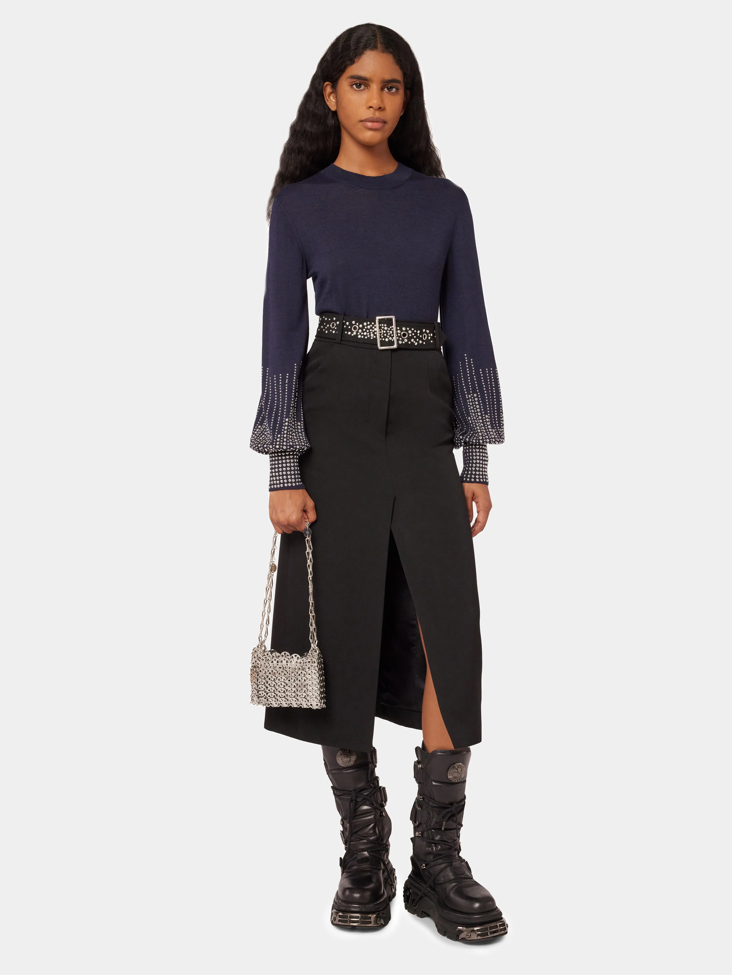 Navy stud-cuffs wool jumper