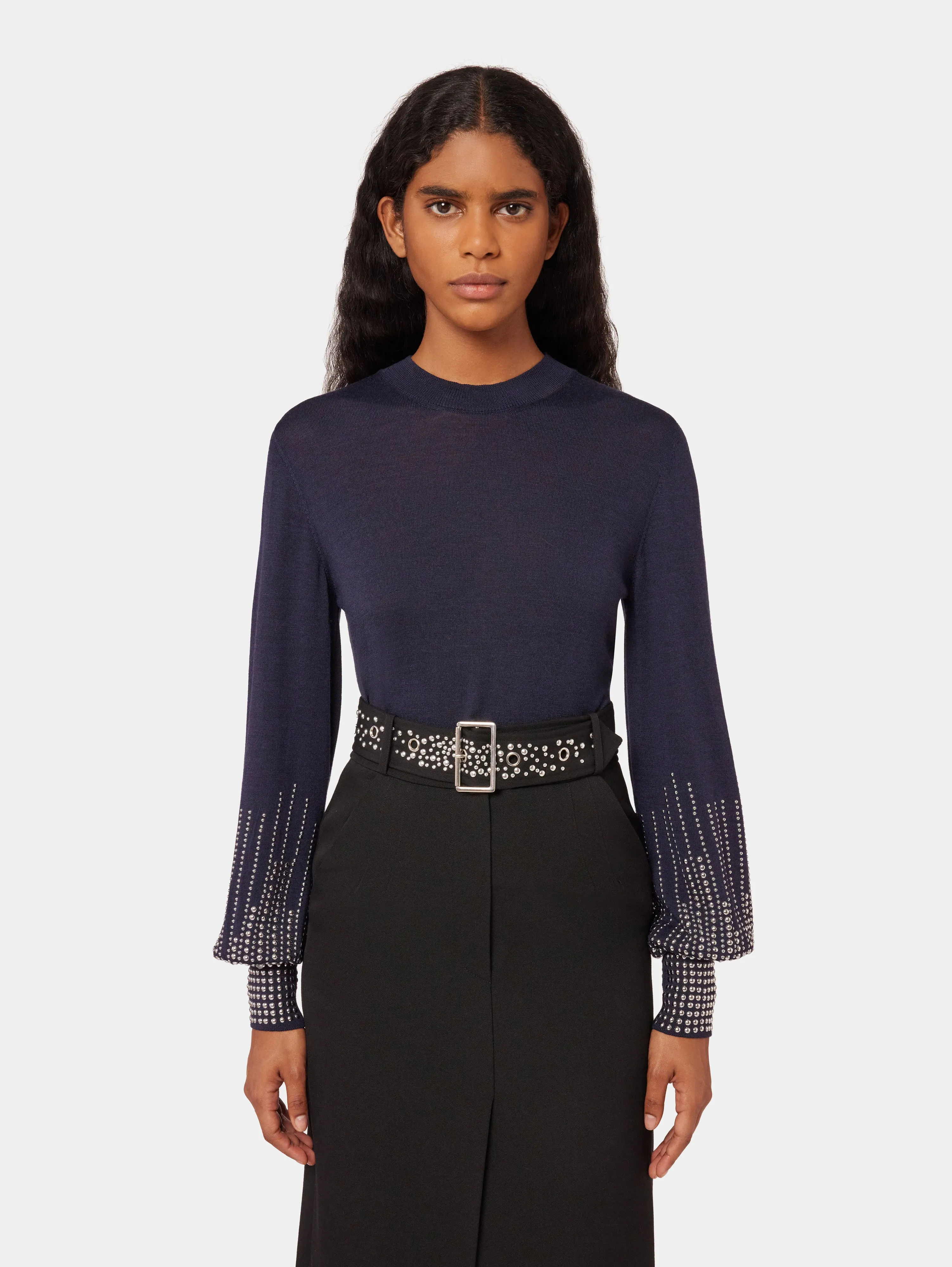 Navy stud-cuffs wool jumper
