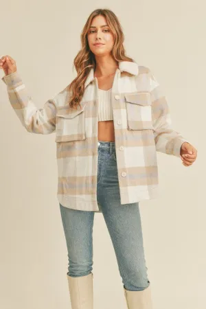 Neutral Plaid Shacket with Sherpa Collar