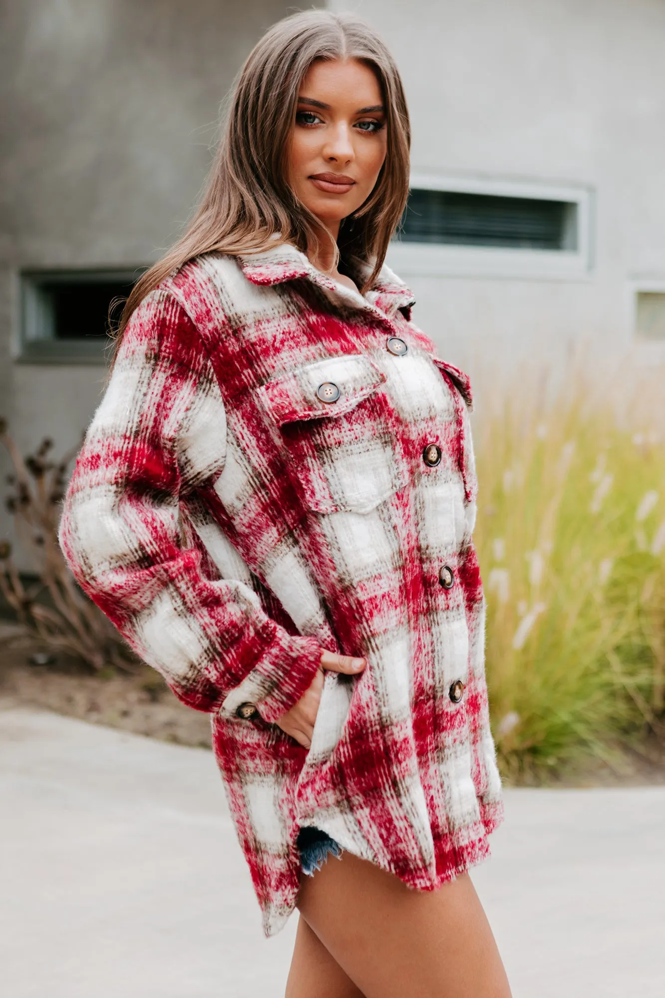 Plaid Timing Oversized Plaid Shacket (Burgundy)