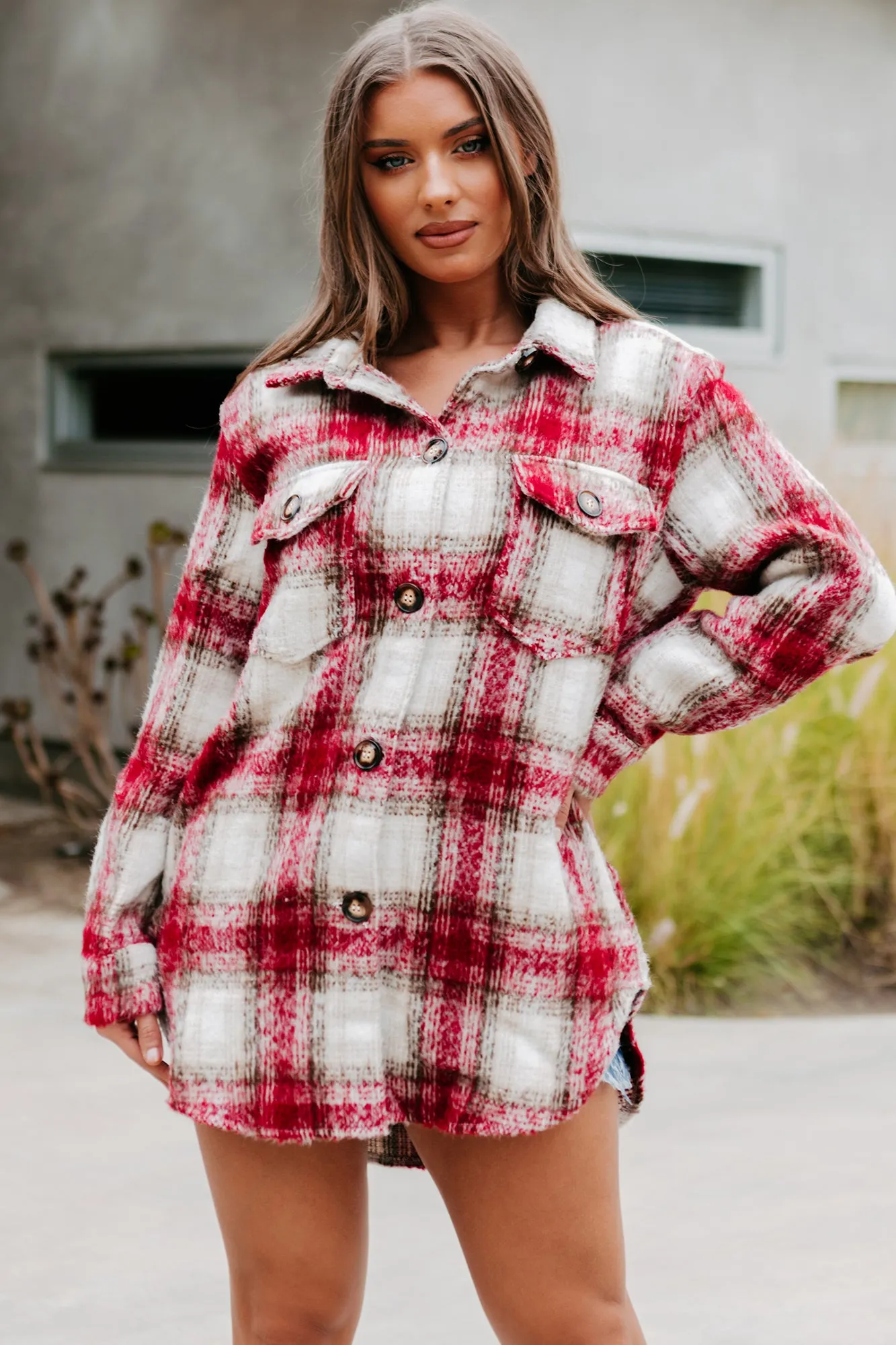Plaid Timing Oversized Plaid Shacket (Burgundy)