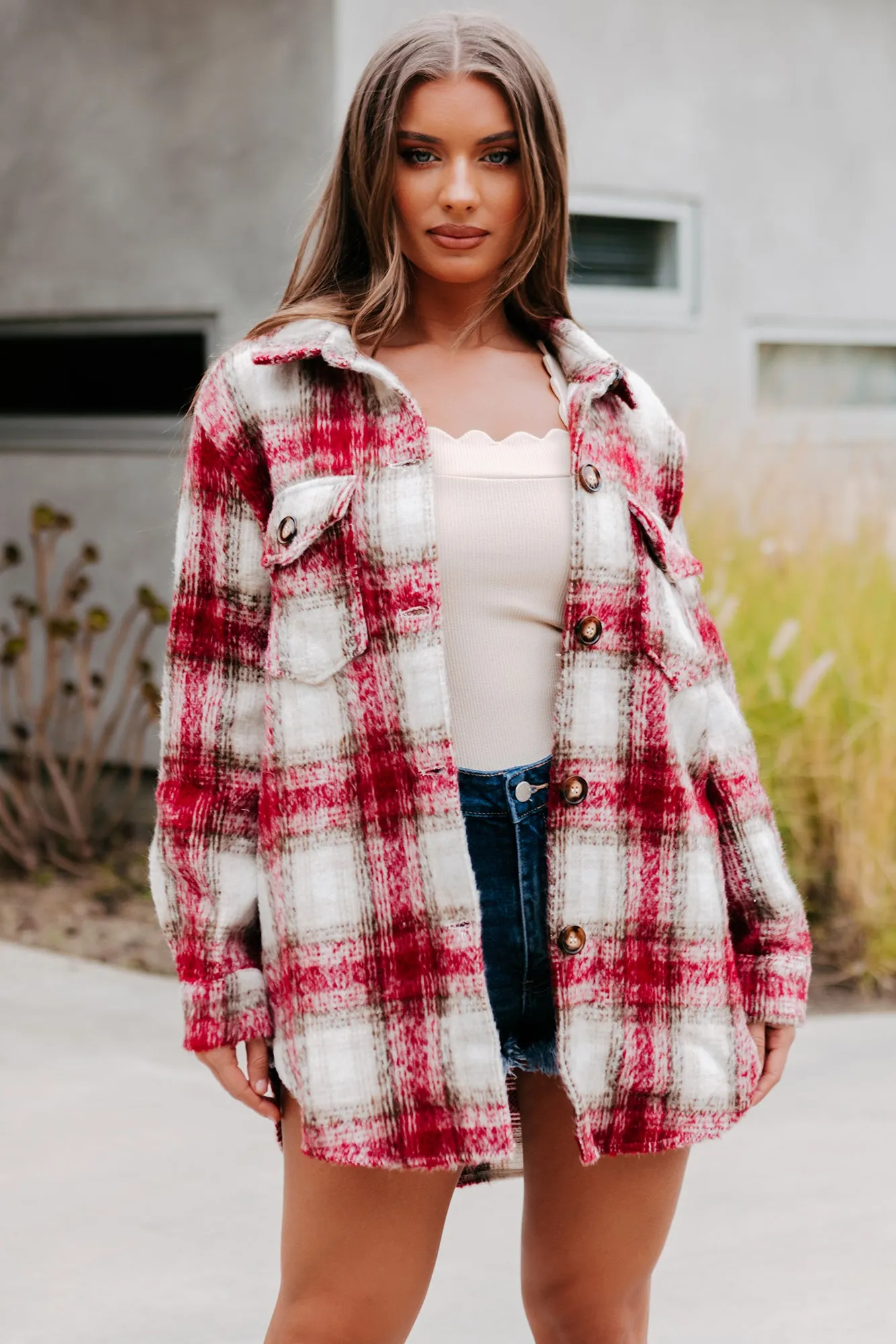 Plaid Timing Oversized Plaid Shacket (Burgundy)