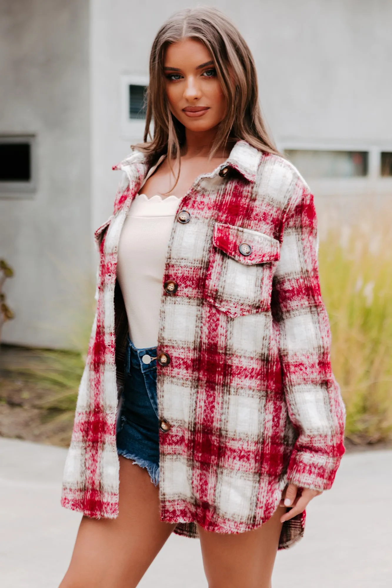 Plaid Timing Oversized Plaid Shacket (Burgundy)
