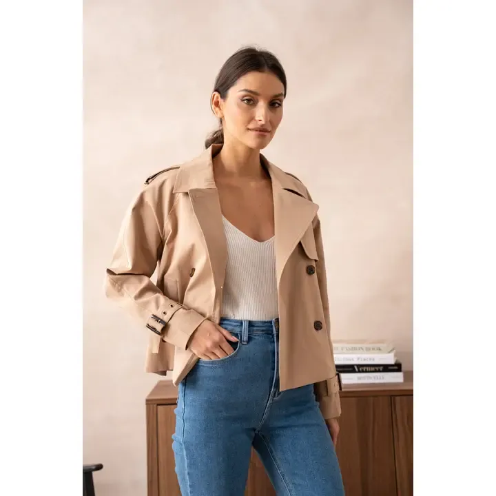 Plain Cropped Cotton Trench Coat