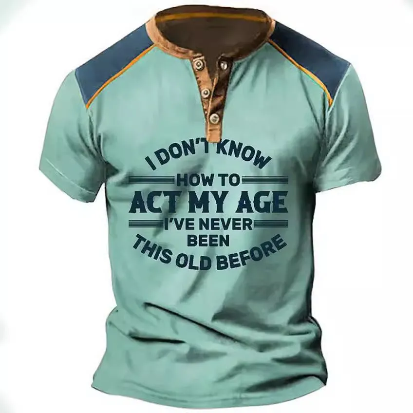 PRINTED LETTER PATTERN CASUAL AND FASHIONABLE HENRY MEN'S T-SHIRT