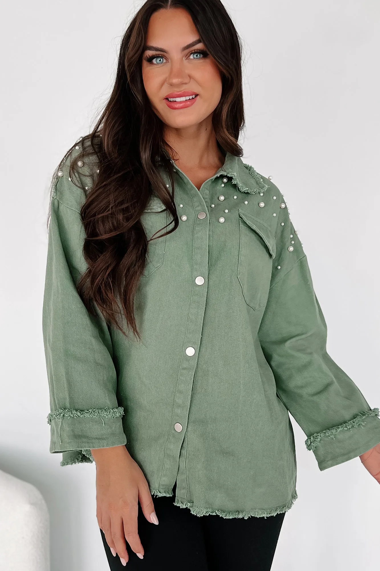 Rhythm & Blues Pearl Beaded Denim Shacket (Olive)