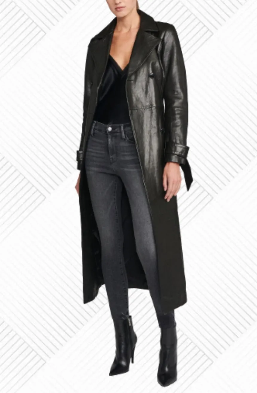 Rianna Black Leather Long Trench Coat Women Outfit
