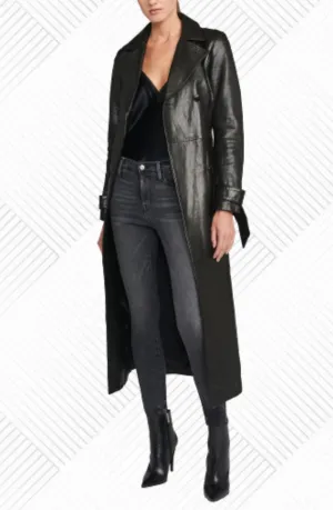 Rianna Black Leather Long Trench Coat Women Outfit