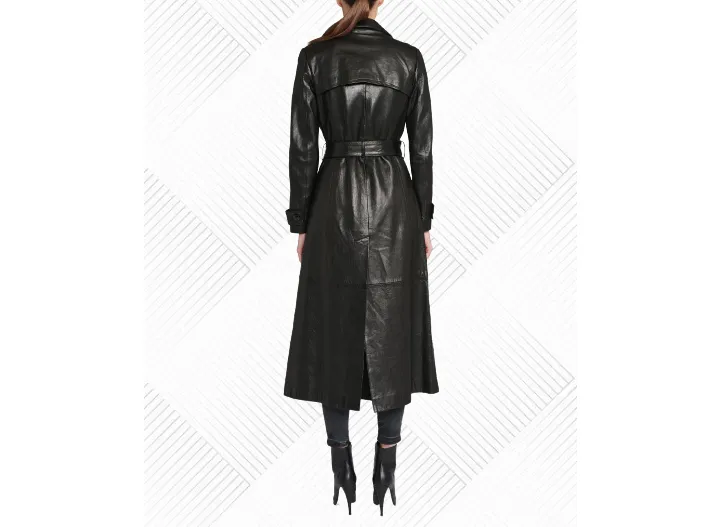 Rianna Black Leather Long Trench Coat Women Outfit