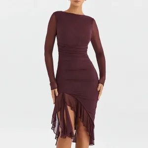 Ruffle Hem Mermaid Bodycon Mesh Long Sleeve Tail Spring Fall Cocktail Elegant Vestidos Midi Dress for Women