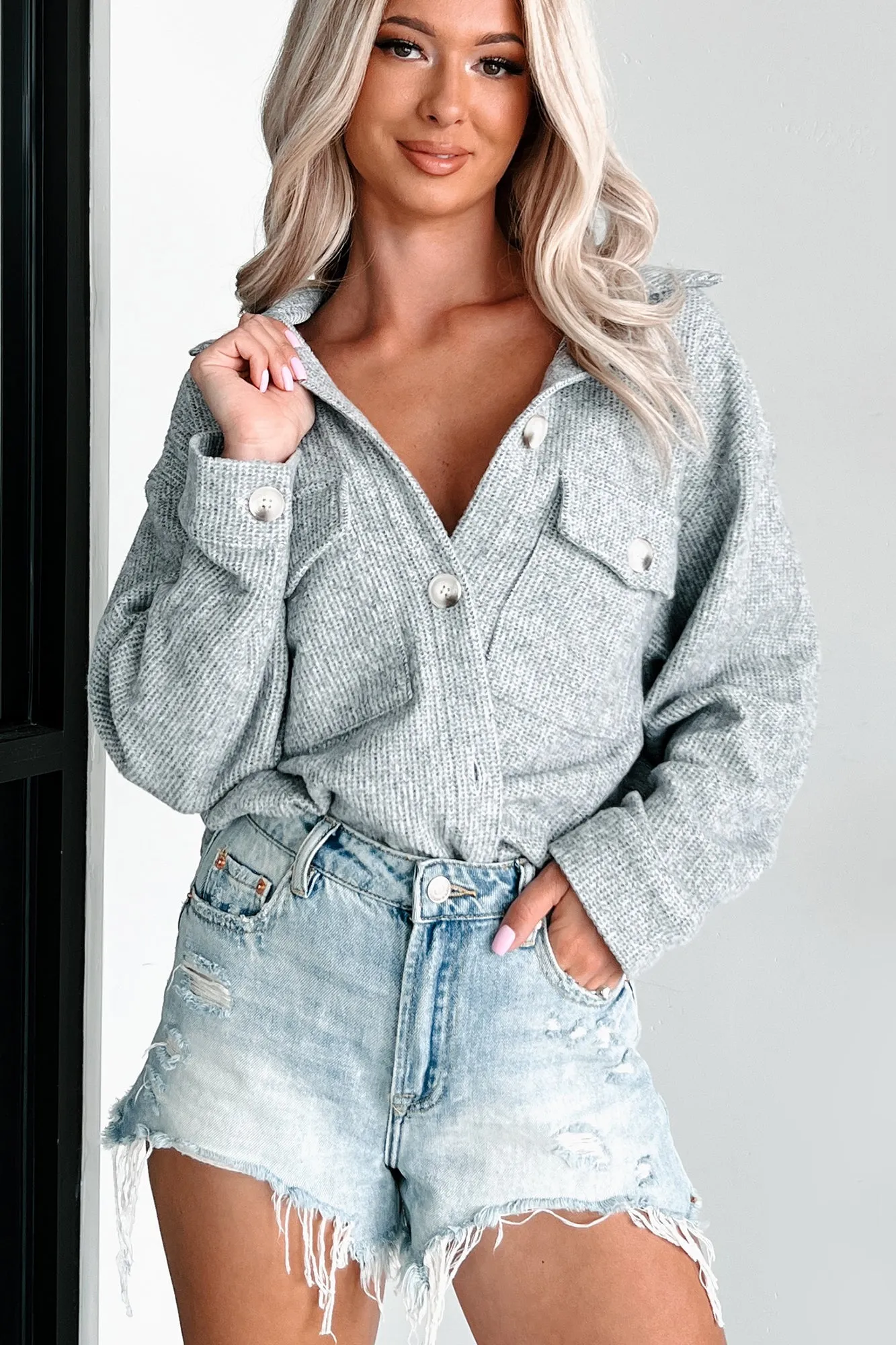 Ryland Brushed Waffle Knit Shacket (Heather Grey)