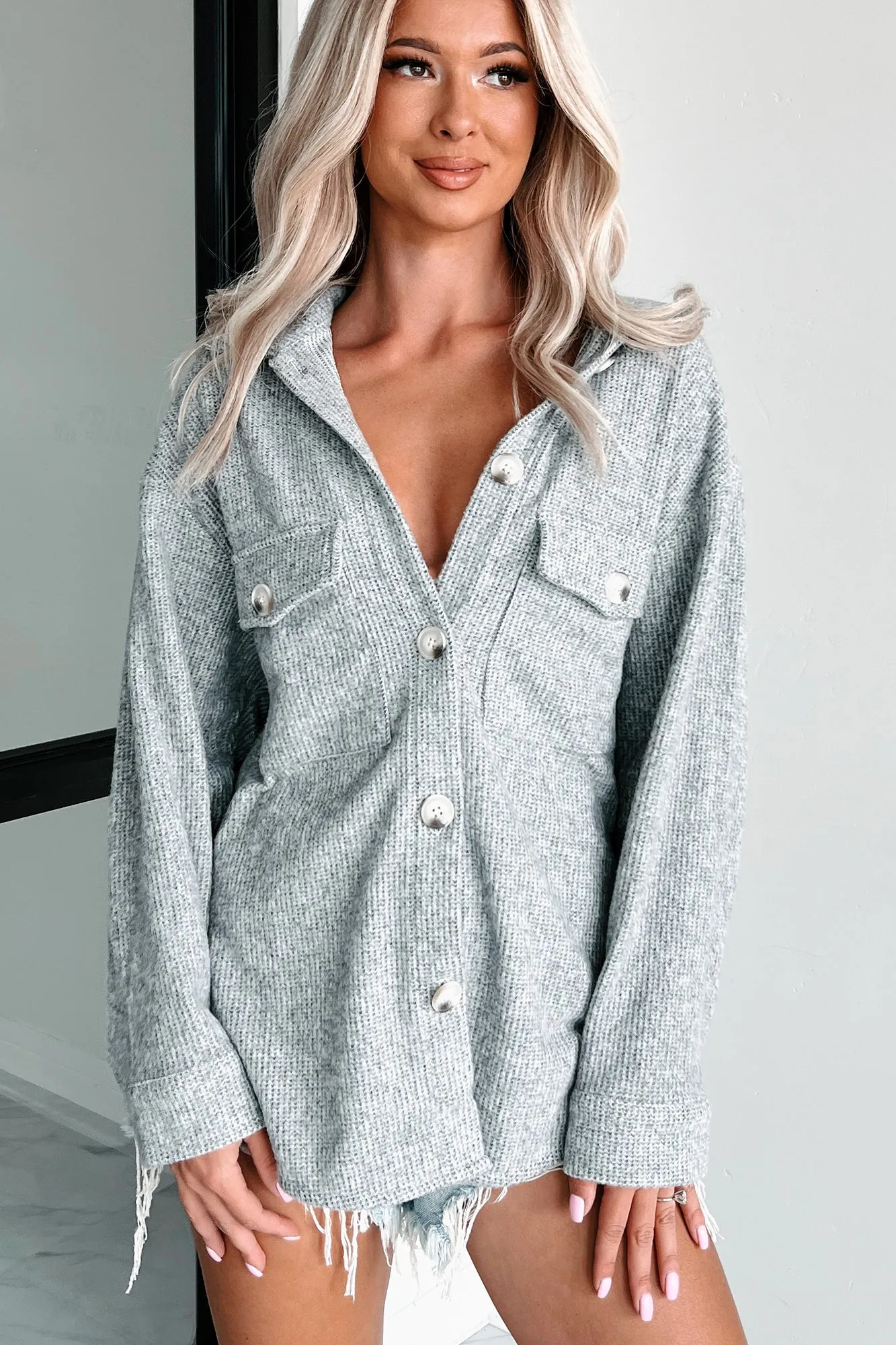 Ryland Brushed Waffle Knit Shacket (Heather Grey)
