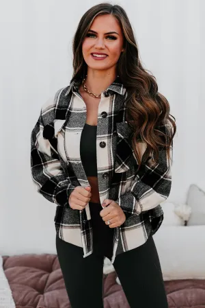 Seasonal Selections Oversized Plaid Print Shacket (Cream/Charcoal)