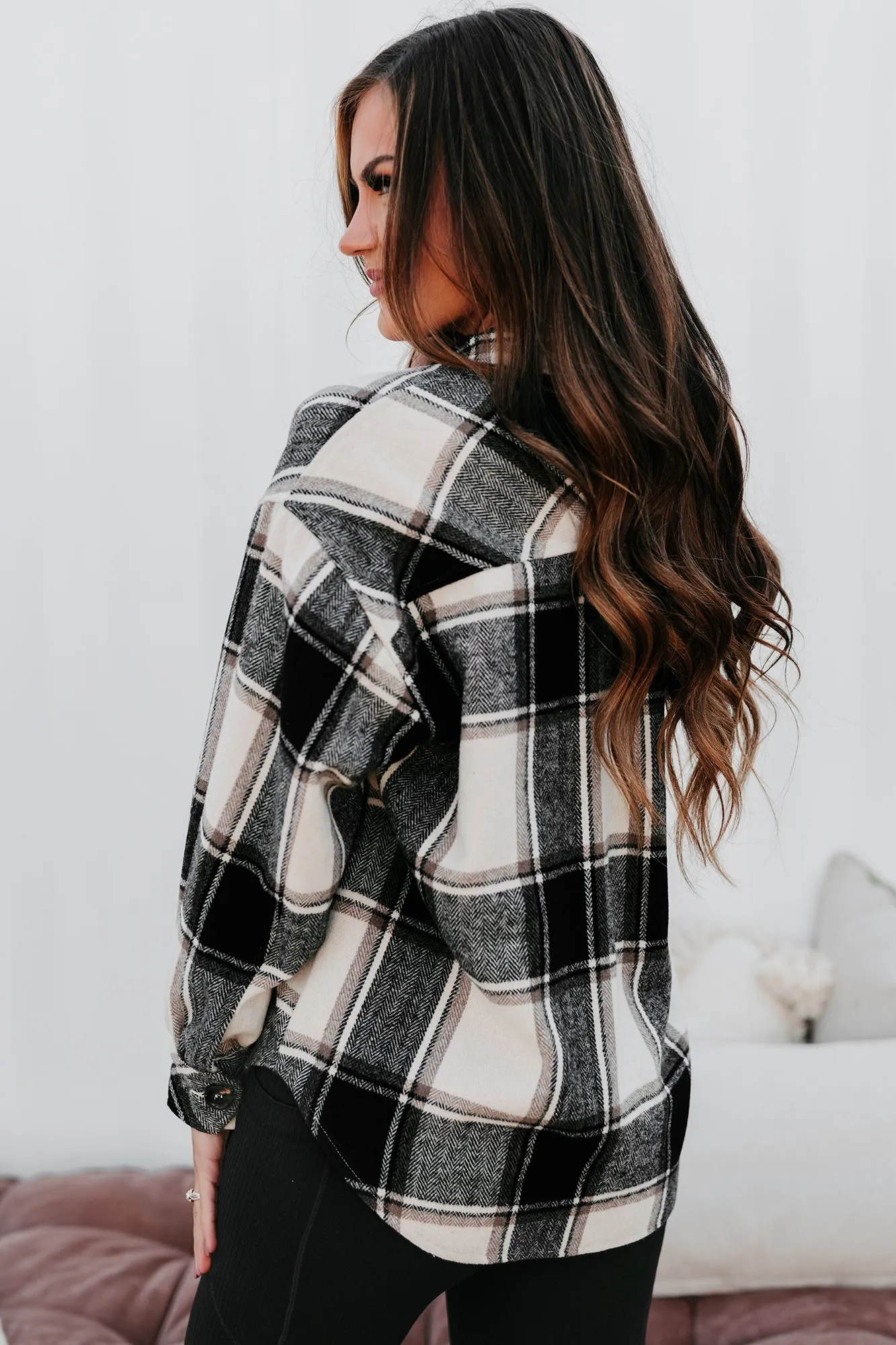 Seasonal Selections Oversized Plaid Print Shacket (Cream/Charcoal)