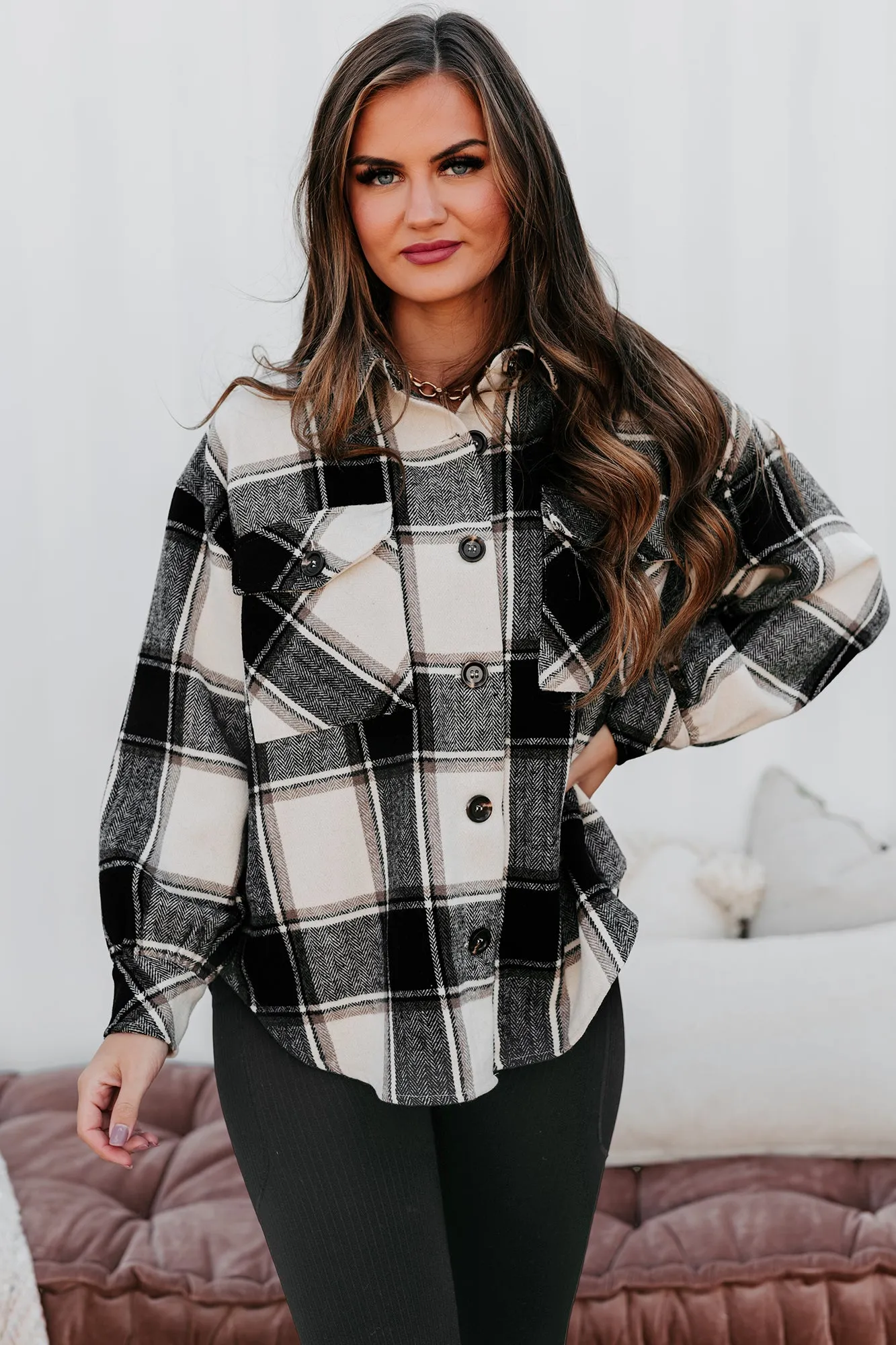 Seasonal Selections Oversized Plaid Print Shacket (Cream/Charcoal)