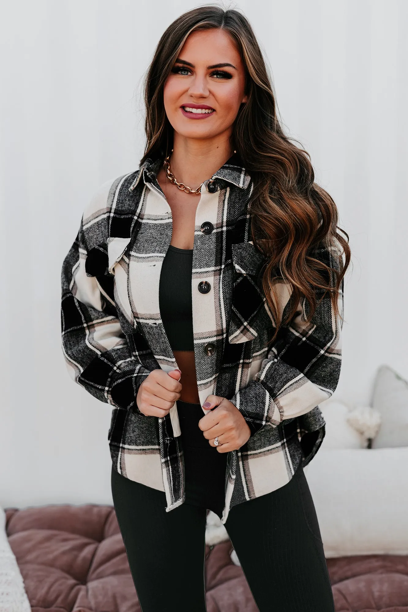 Seasonal Selections Oversized Plaid Print Shacket (Cream/Charcoal)