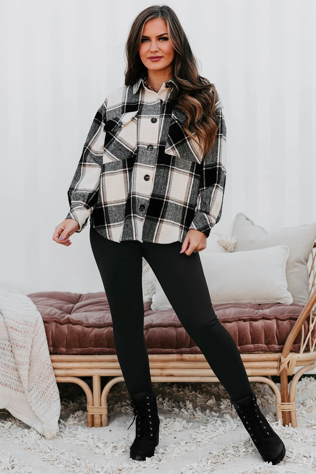 Seasonal Selections Oversized Plaid Print Shacket (Cream/Charcoal)