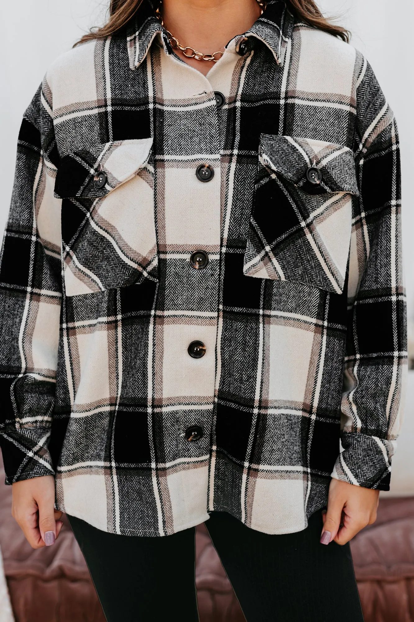 Seasonal Selections Oversized Plaid Print Shacket (Cream/Charcoal)