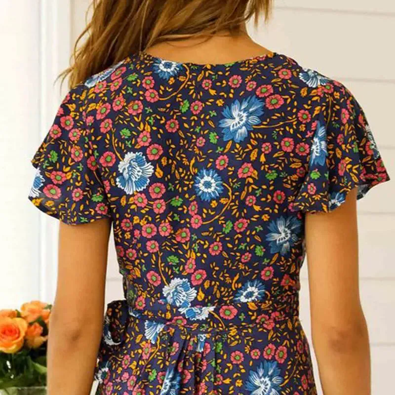 Summer Fashion Thailand Southeast Asia Vacation Style Retro Floral Skirt Strap Sexy Deep V Short Sleeve Dress