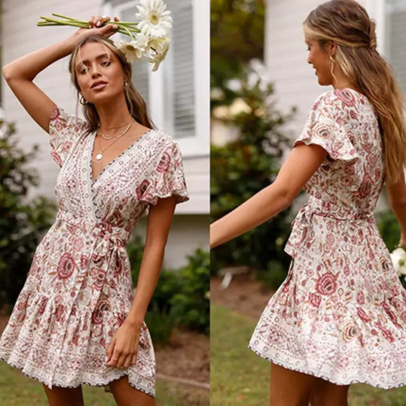 Summer Fashion Thailand Southeast Asia Vacation Style Retro Floral Skirt Strap Sexy Deep V Short Sleeve Dress
