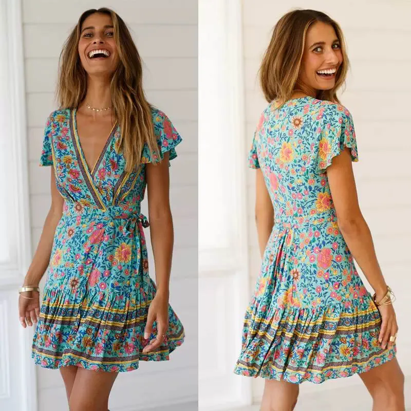 Summer Fashion Thailand Southeast Asia Vacation Style Retro Floral Skirt Strap Sexy Deep V Short Sleeve Dress