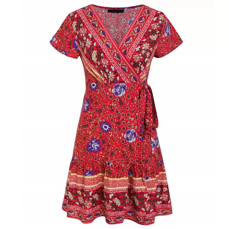 Summer Fashion Thailand Southeast Asia Vacation Style Retro Floral Skirt Strap Sexy Deep V Short Sleeve Dress